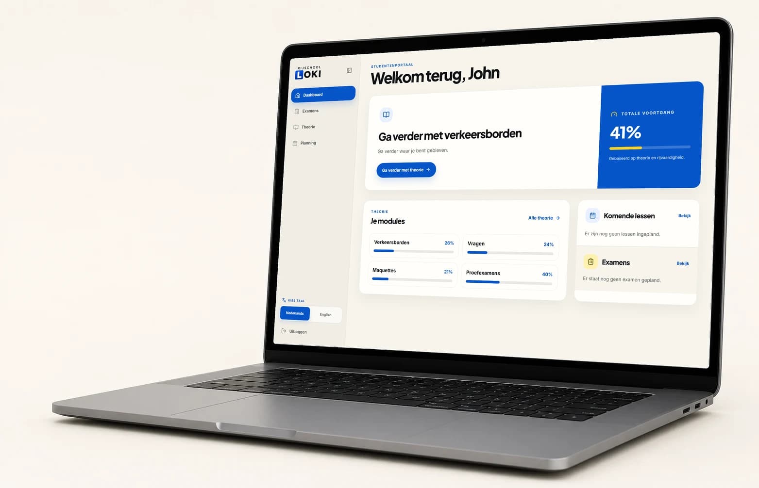 Laptop met het Rijschool Loki studentenportaal en het voortgangsoverzicht van de theoriemodules